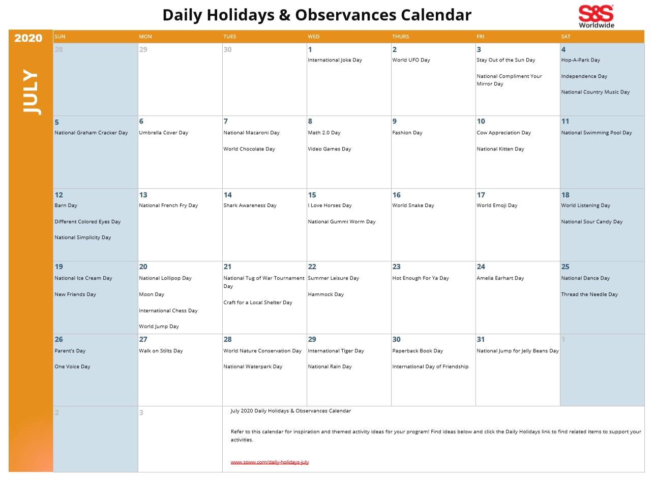 July Daily Holidays & Observances Printable Calendar S&s Blog