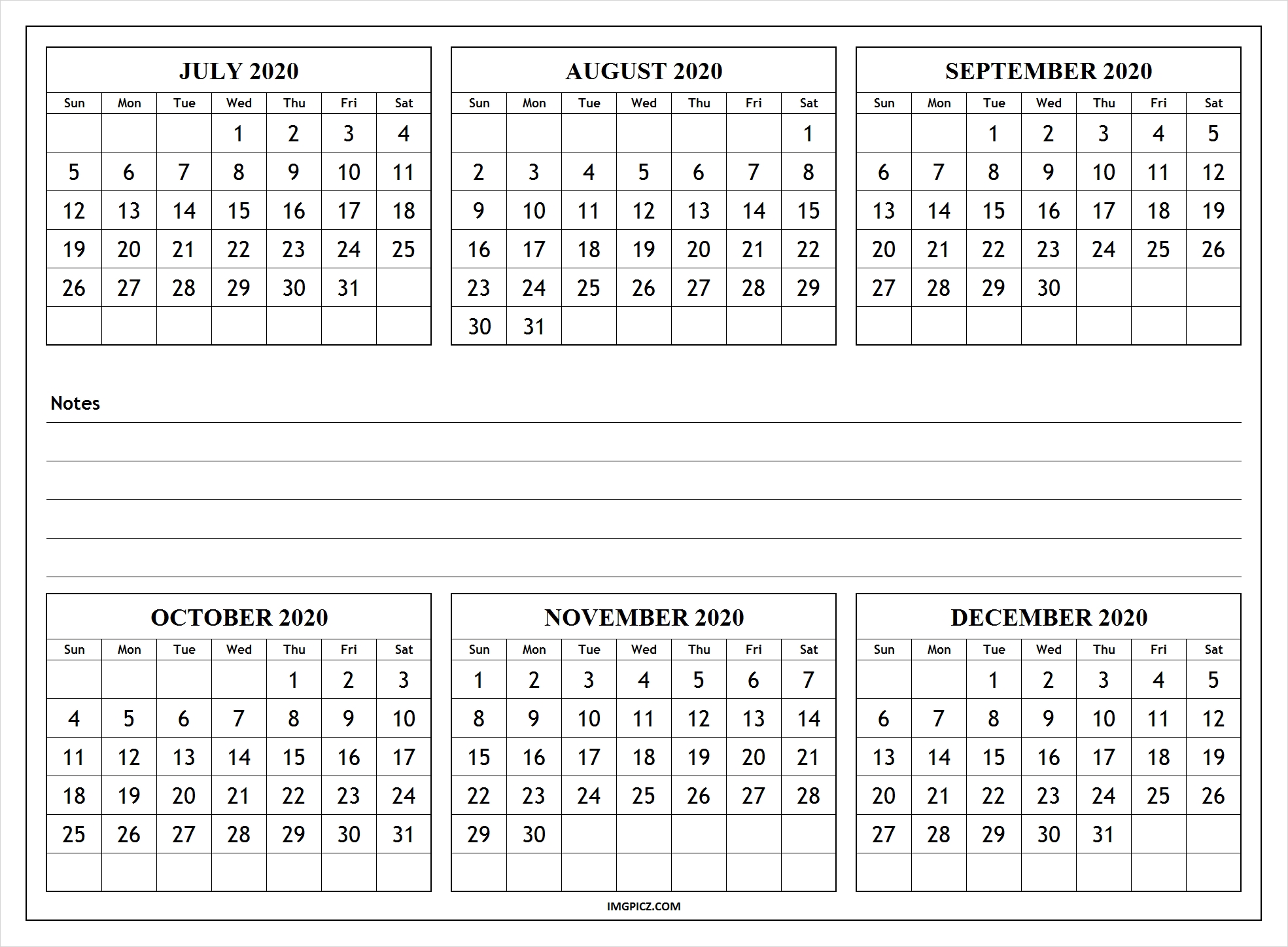 July To December 2020 Calendar Template | 6 Months 2020 Calendar