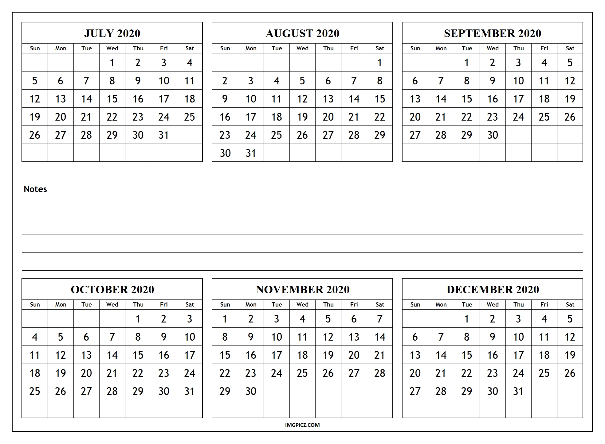 july to december 2020 calendar template | 6 months 2020 calendar