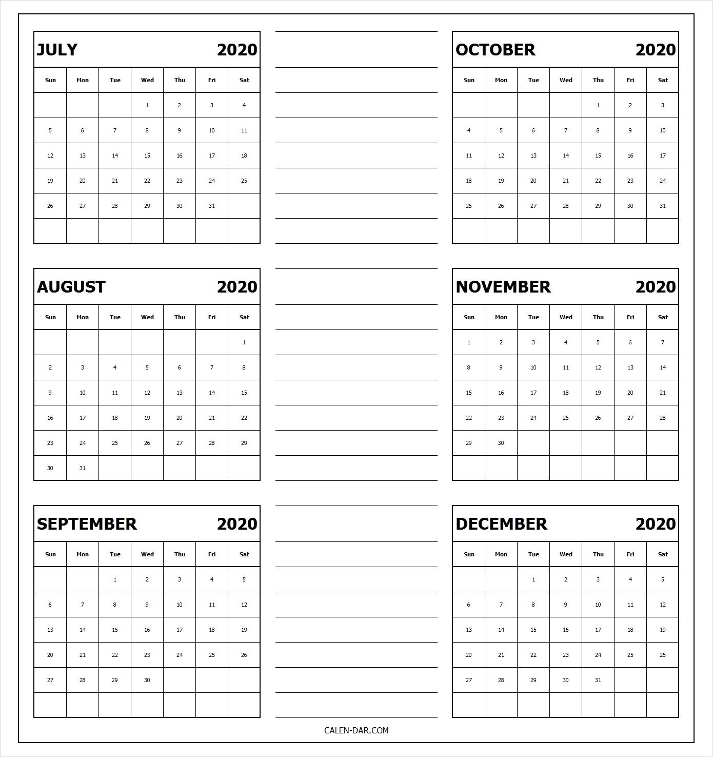 July To December Calendar 2020 Pages For Tumblr, Pinterest
