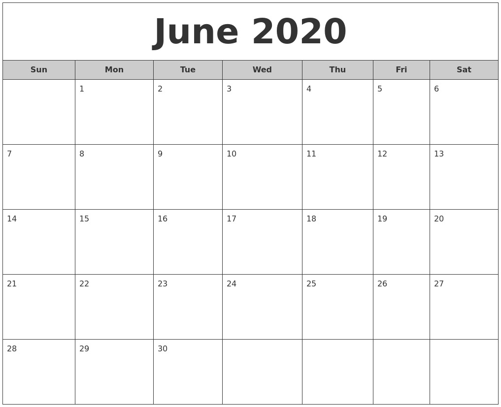 June 2020 Free Monthly Calendar