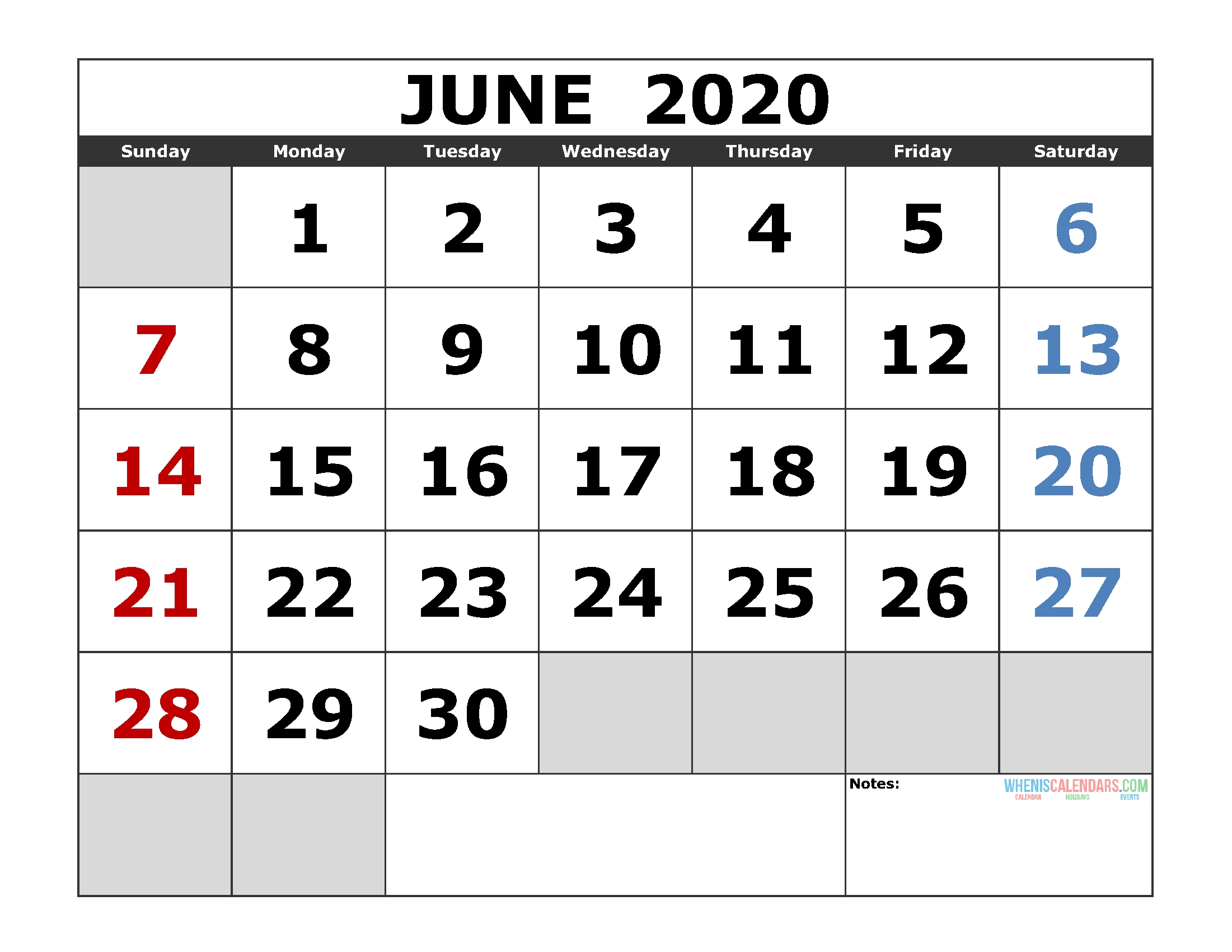 June 2020 Printable Calendar Template Excel, Pdf, Image [us