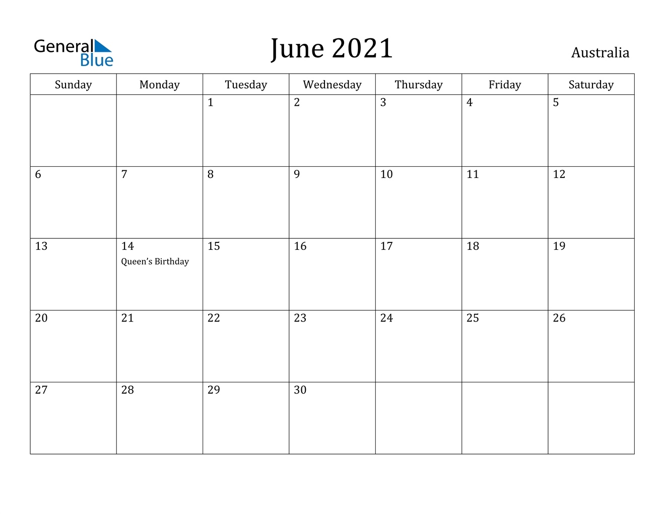 June 2021 Calendar Australia