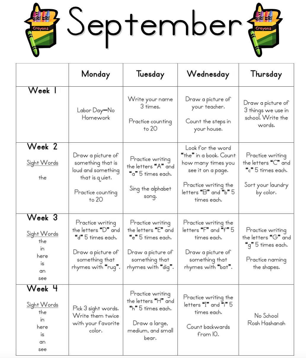 Month To Month Homework Calender For Pre K Example Calendar Printable