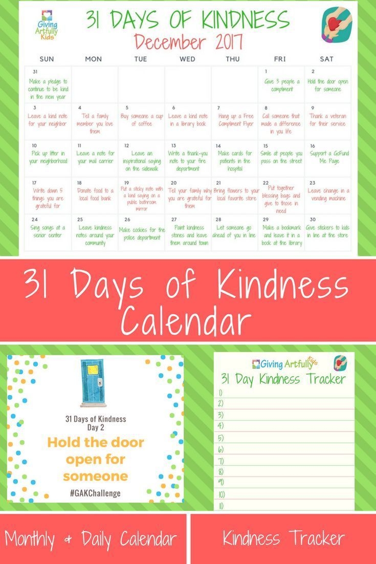 Kindness Acts For Kids, 31 Days Of Kindness Calendar And