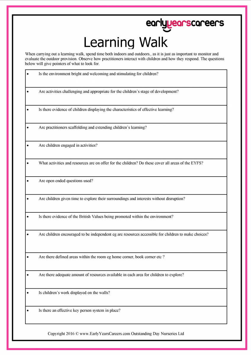 learning walk sheet early years careers | learning, parent