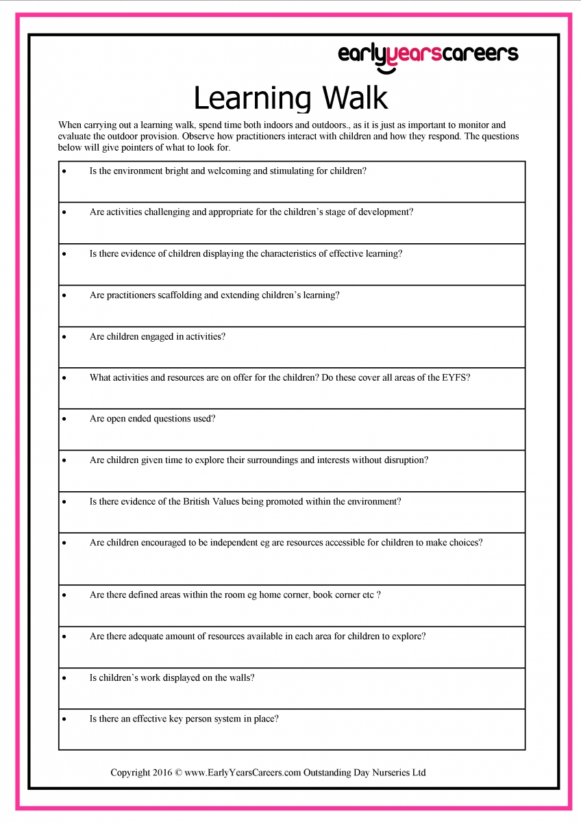 Learning Walk Sheet Early Years Careers | Learning, Parent