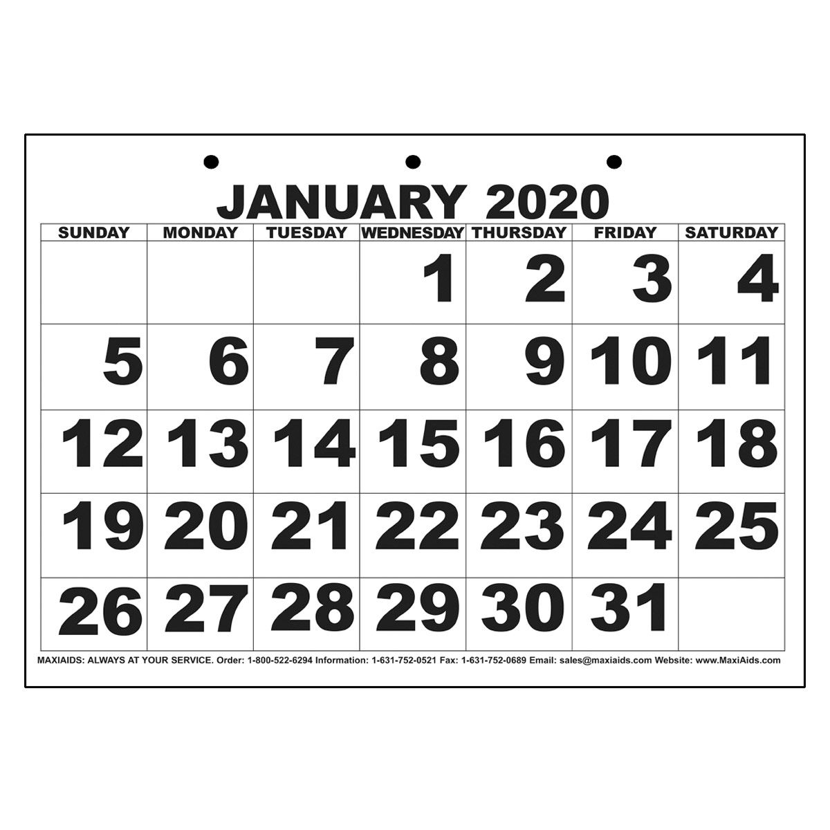 Low Vision Print Calendar 2020