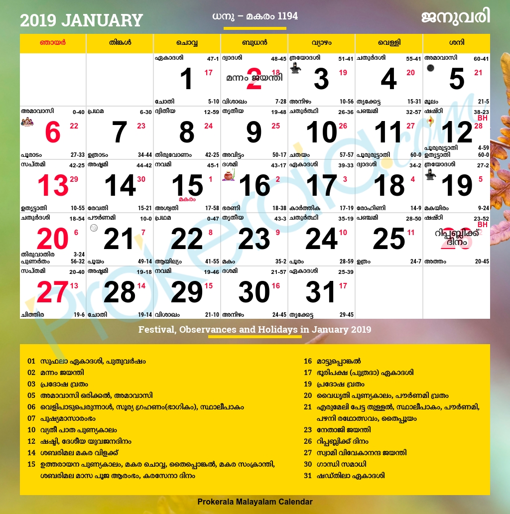 malayalam calendar 2019, january