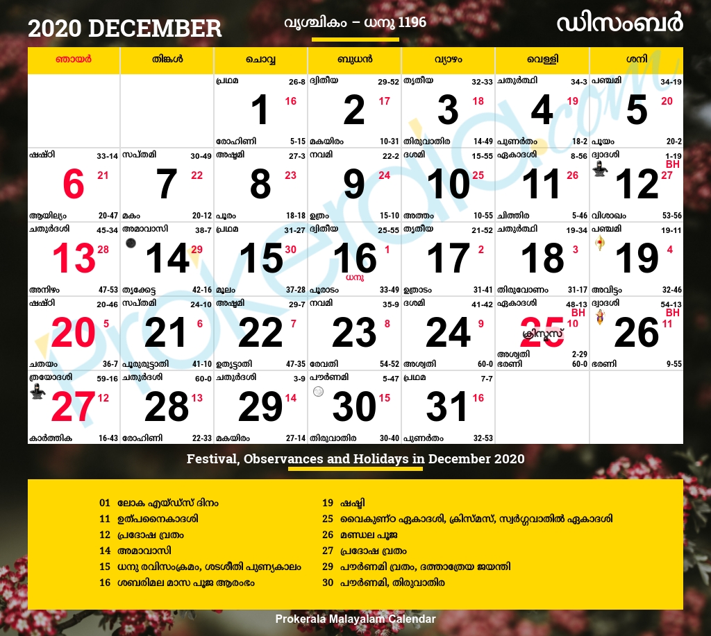 Malayalam Calendar 2020, December
