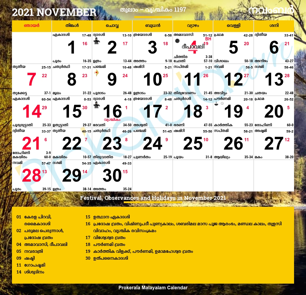 malayalam calendar 2021, november