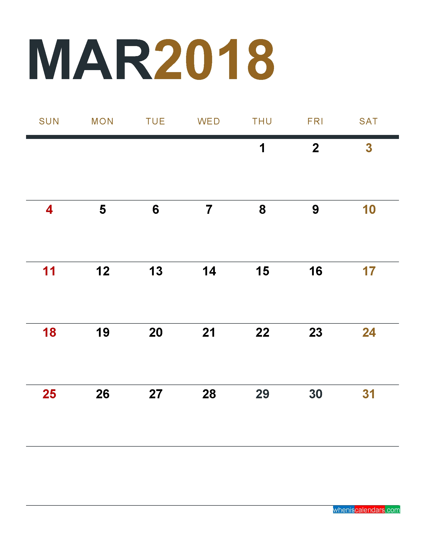 March 2018 Calendar Printable As Pdf And Image 1 Month 1