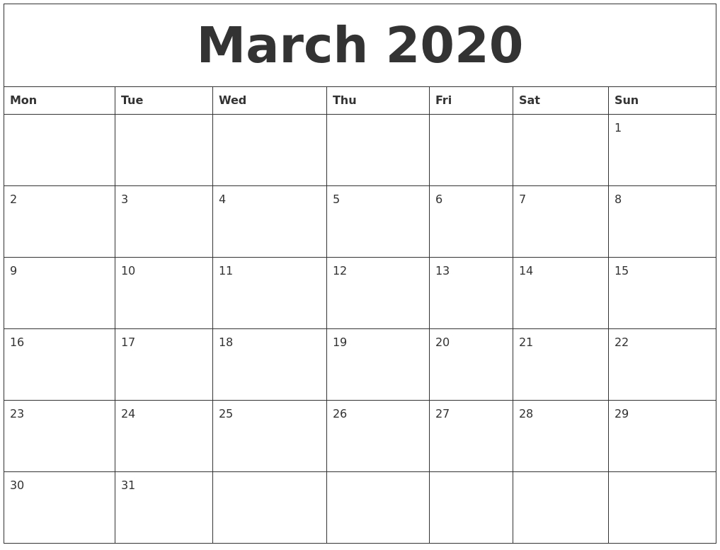 march 2020 blank monthly calendar pdf