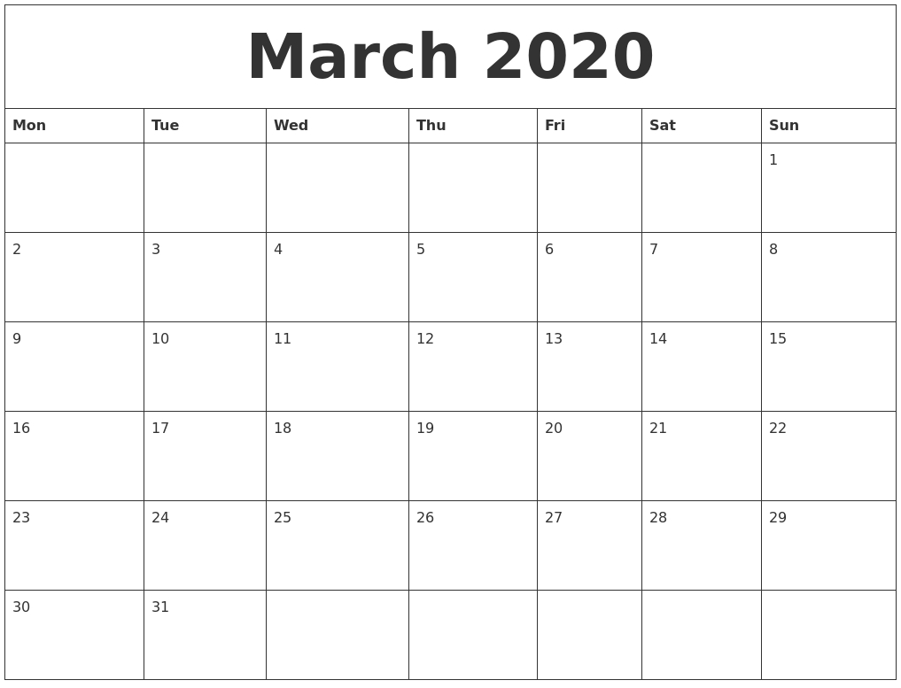 March 2020 Blank Monthly Calendar Pdf