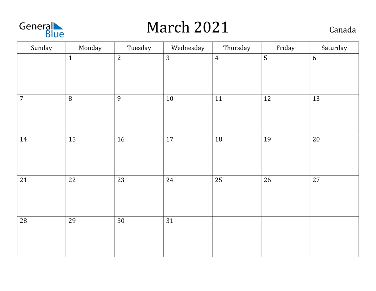 March 2021 Calendar Canada