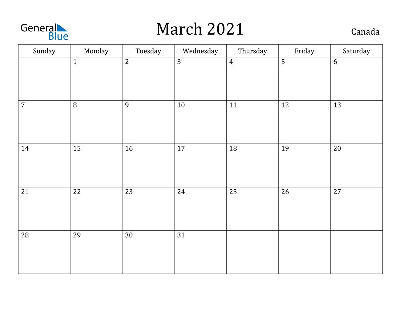 march 2021 calendar canada