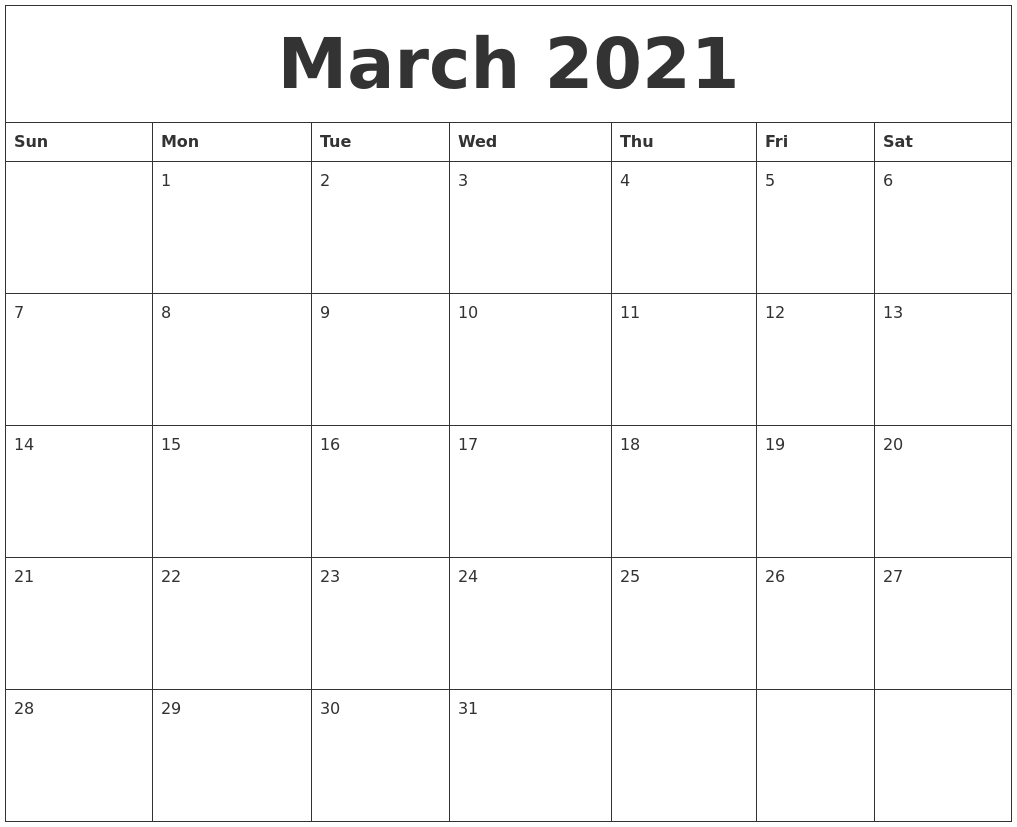 March 2021 Free Printable Monthly Calendar