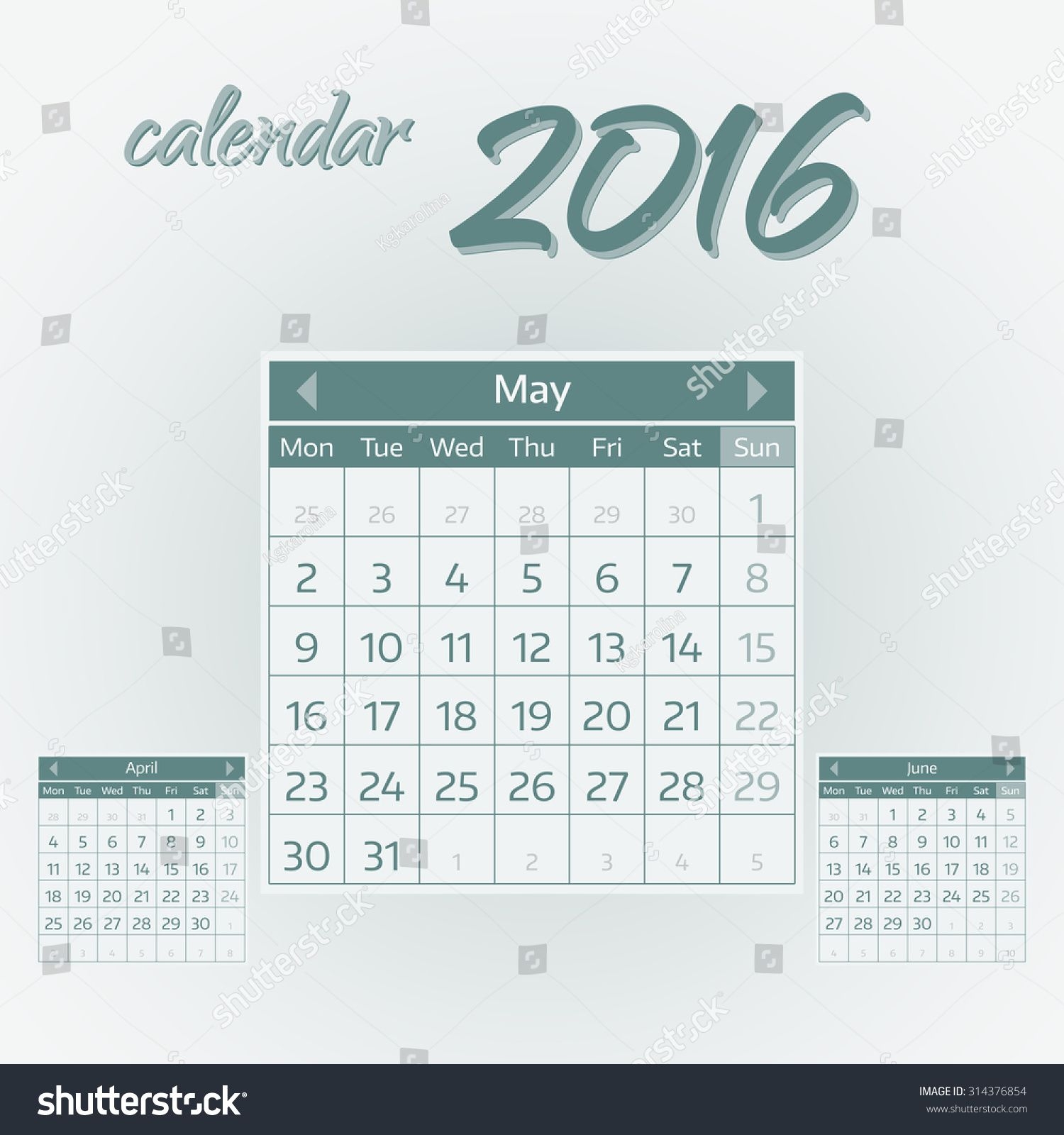 May 2016 Simple European Calendar 2016 Stock Vector (royalty