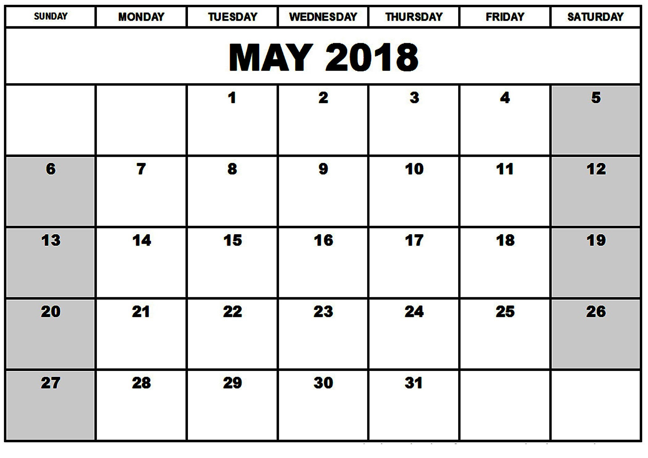 May 2018 Calendar With Holidays Printable Monthly Calendar