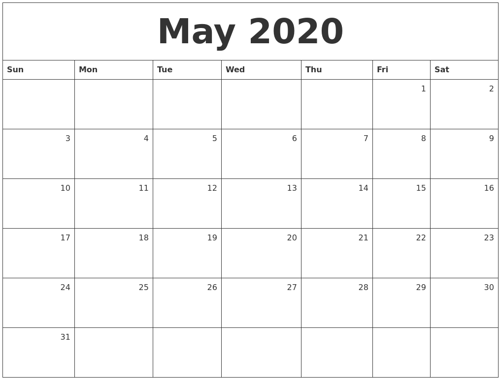 May 2020 Monthly Calendar