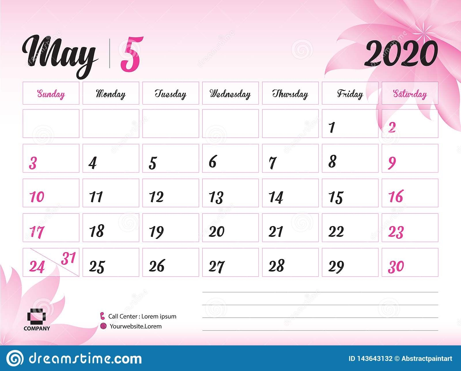 May 2020 Year Template, Calendar 2020 Vector, Desk Calendar