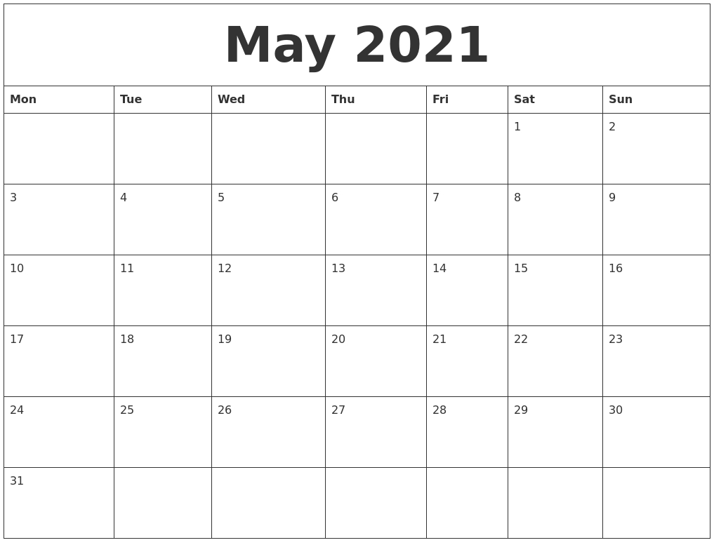 May 2021 Month Calendar Template