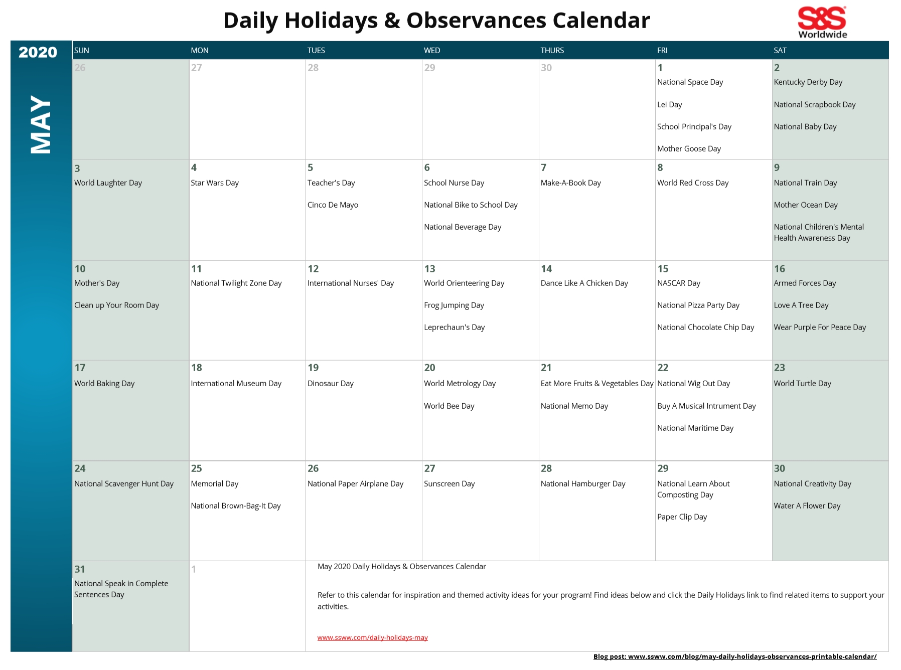 May Daily Holidays & Observances Printable Calendar S&s Blog