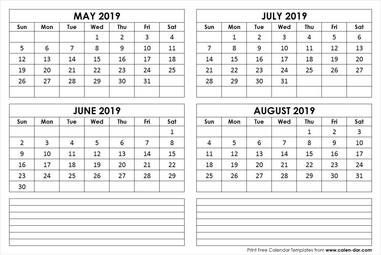 May To August 2019 Calendar 4 Month Calendar Template