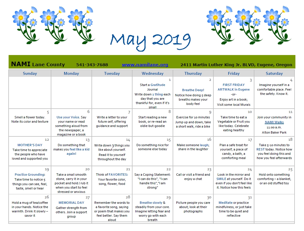 Mental Health Awareness Month Self Care Calendar! Nami