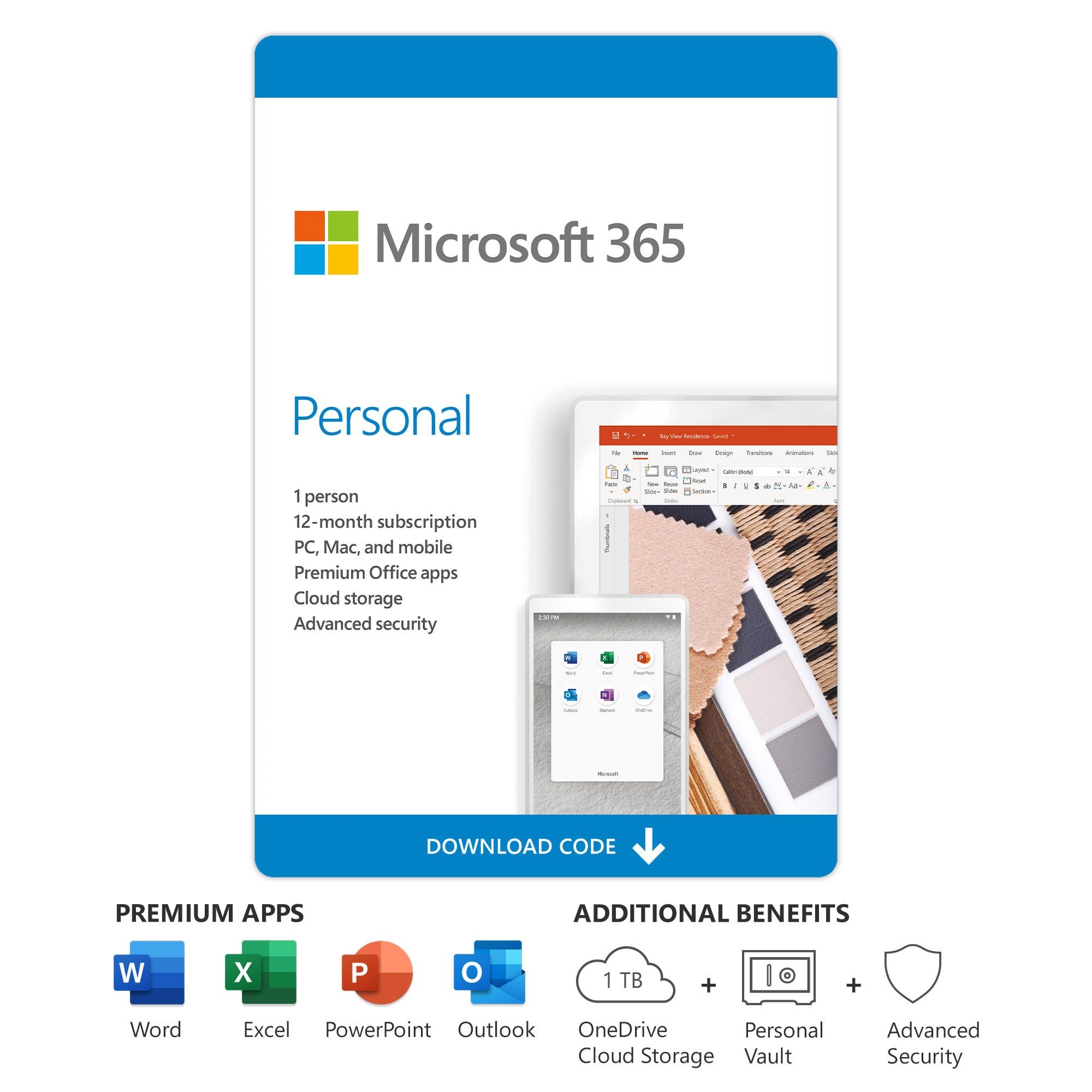 microsoft 365 personal (1 user license / 12 month subscription / download)