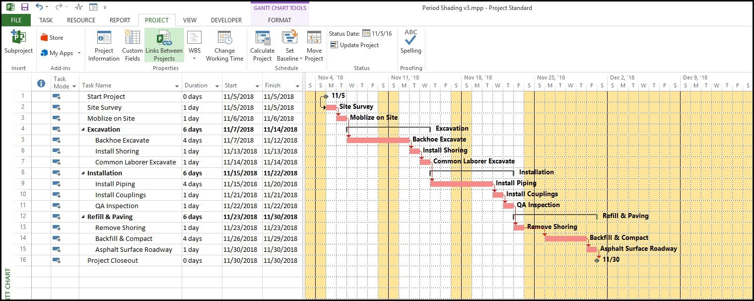 microsoft project using shading calendar to show time periods