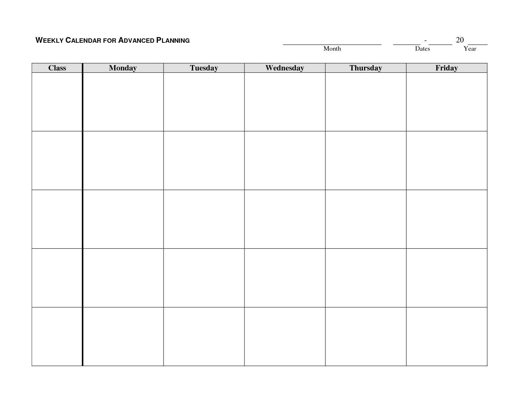 monday through friday printable calendar | blank weekly