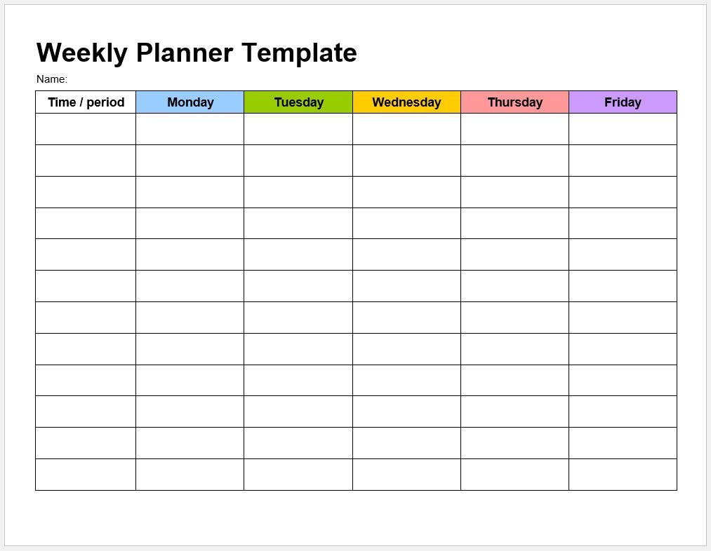 Monday To Friday Planner Template | Calendar For Planning