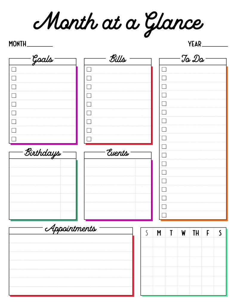 month at a glance day at a glance printable planner pages