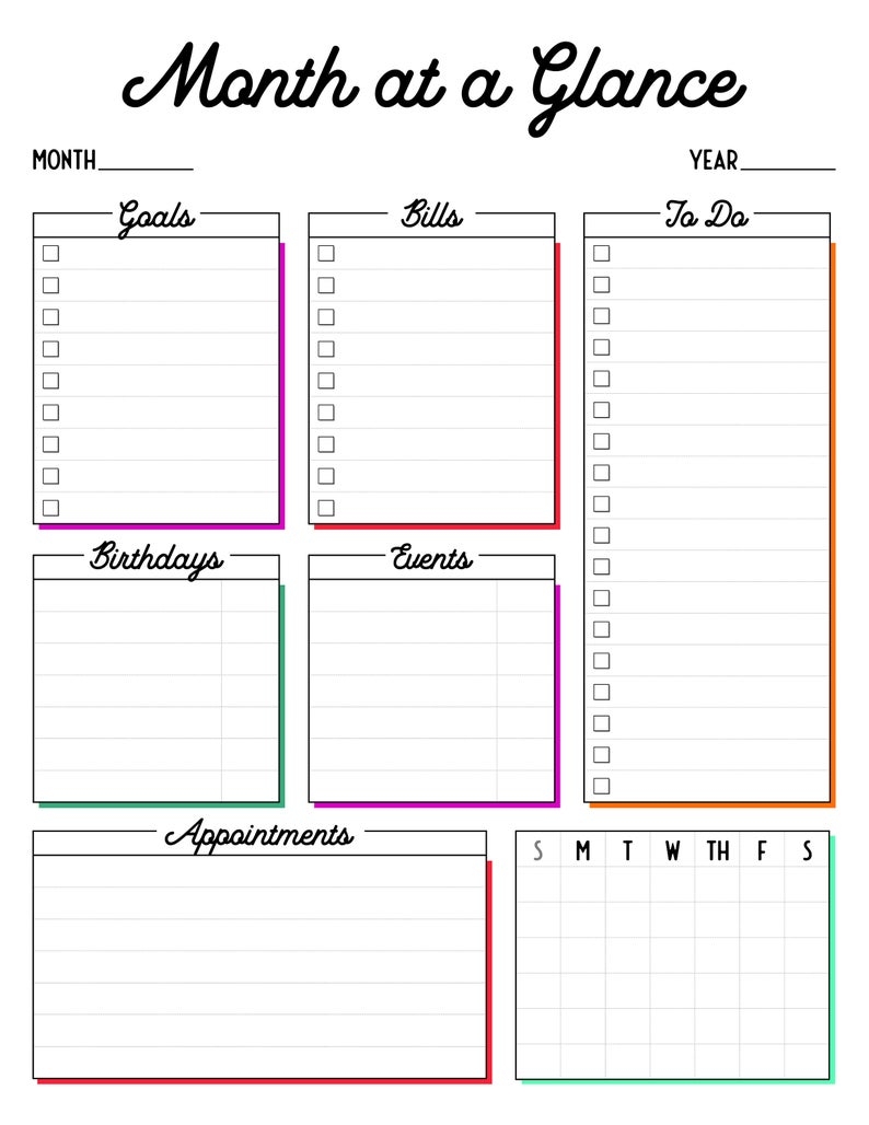 Month At A Glance Day At A Glance Printable Planner Pages