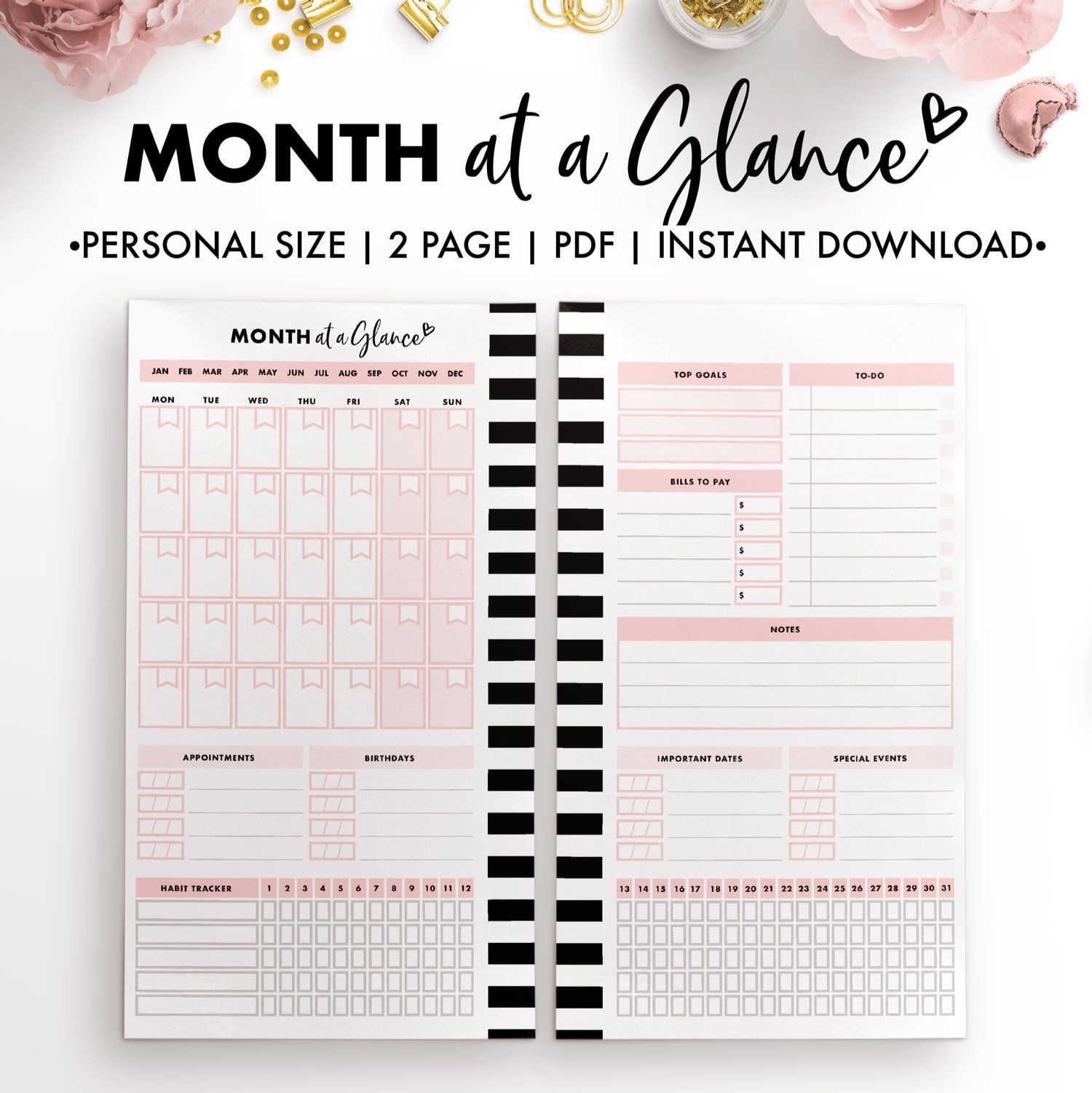 month at a glance, personal size, monthly overview, monthly plan, monthly planner