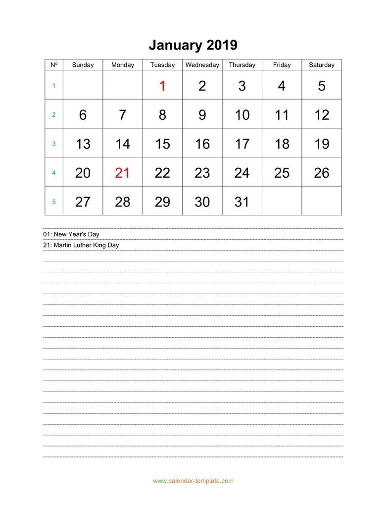 monthly 2019 calendar with space for notes