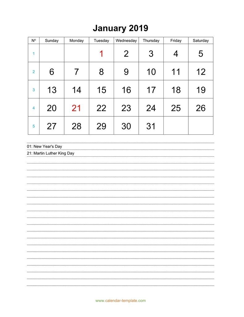 Monthly 2019 Calendar With Space For Notes