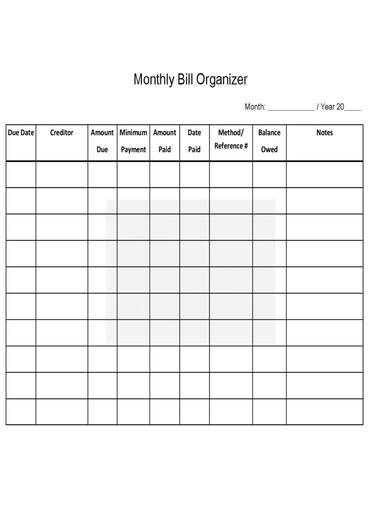 monthly bill organizer chart edit, fill, sign online
