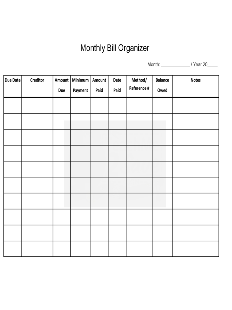 Monthly Bill Organizer Chart Edit, Fill, Sign Online