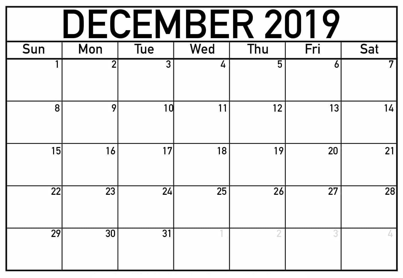 Monthly Calendar For December 2019 Printable Template