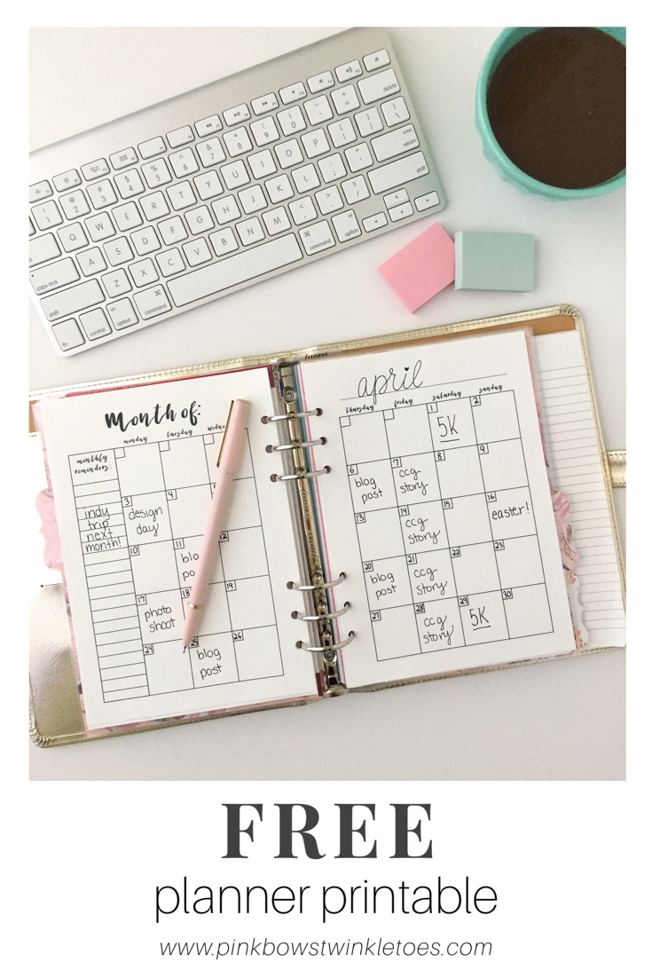 Monthly Calendar: Free Printable Planner Insert Pink Bows