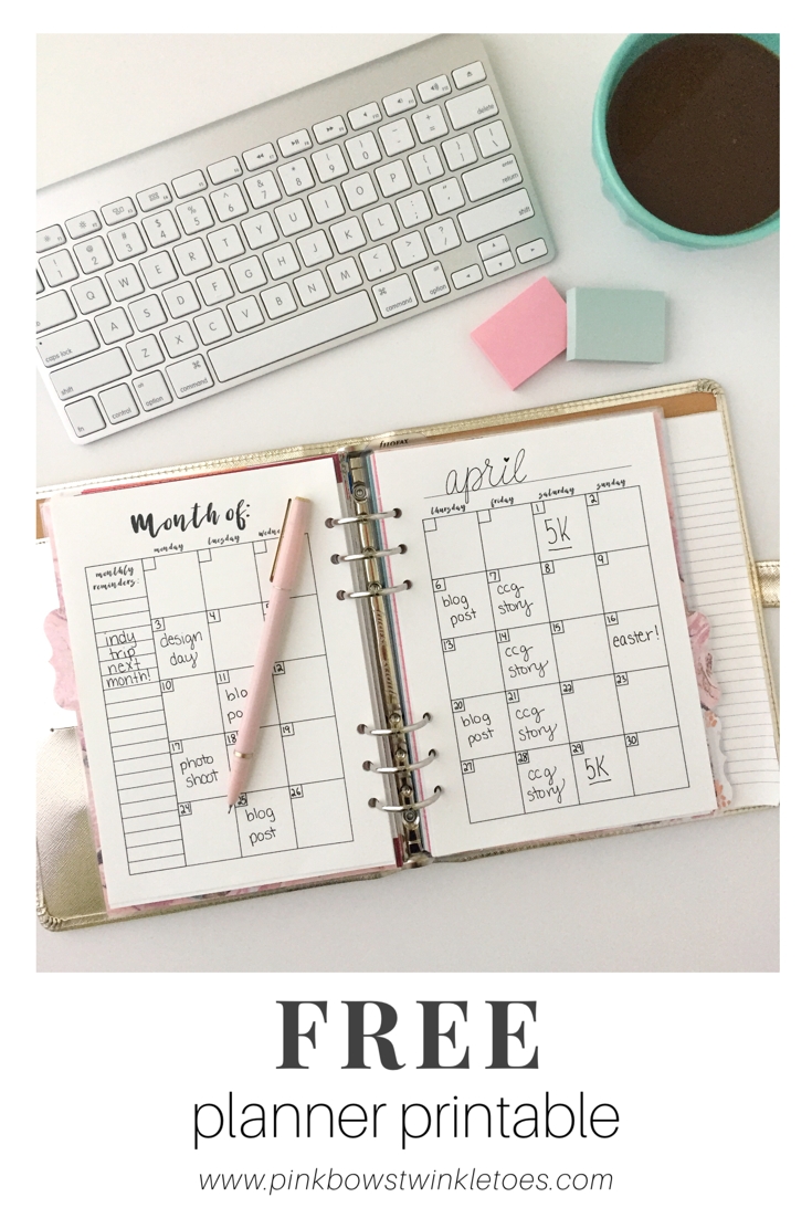 monthly calendar: free printable planner insert pink bows