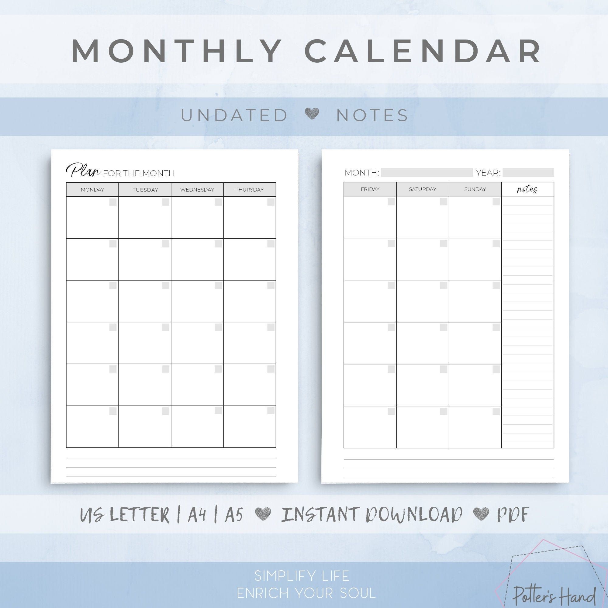 monthly calendar, undated, month on two pages, instant download, monthly planner, printable planner, minimalist planner
