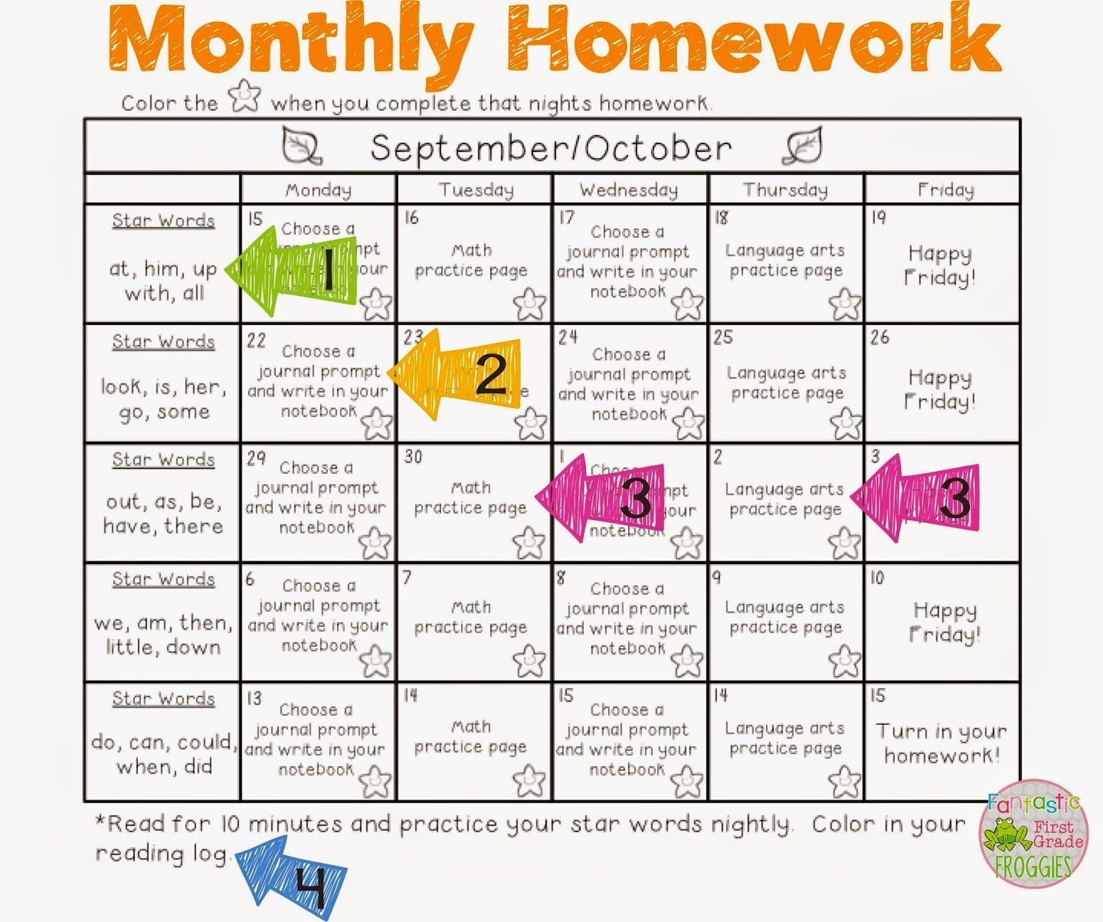 second grade homework calendar