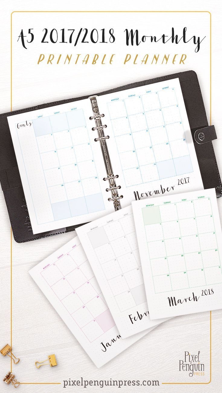 Monthly Planner 2018 2019, A5 Bullet Journal Inserts, A5