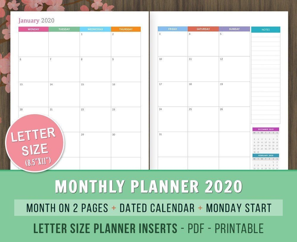 Monthly Planner 2020 Inserts Month On 2 Pages Dated Monthly