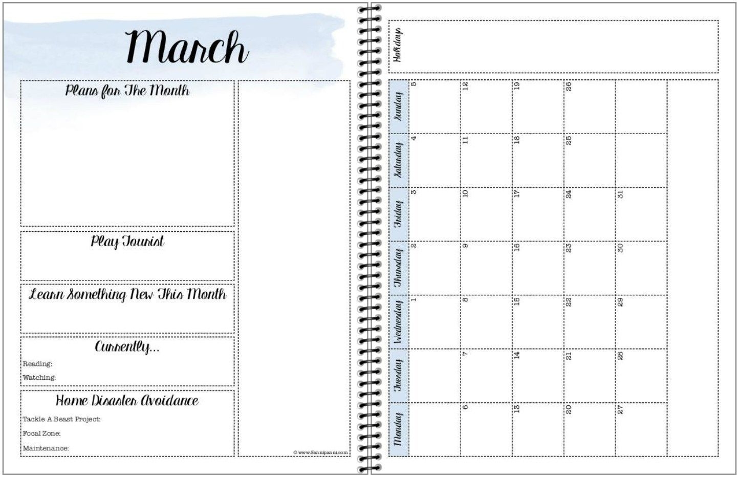 monthly view in the free printable sannipanni planner | 2017