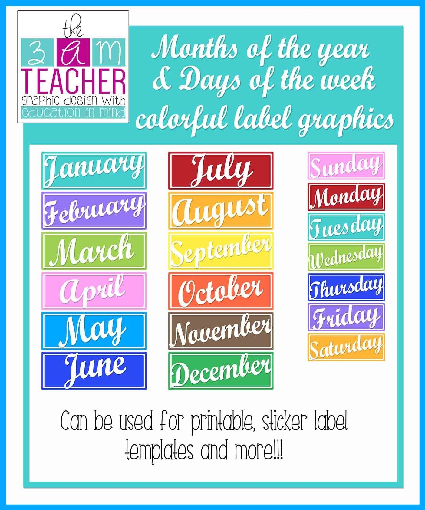 months of the year &amp; days of the week bright clipart labels