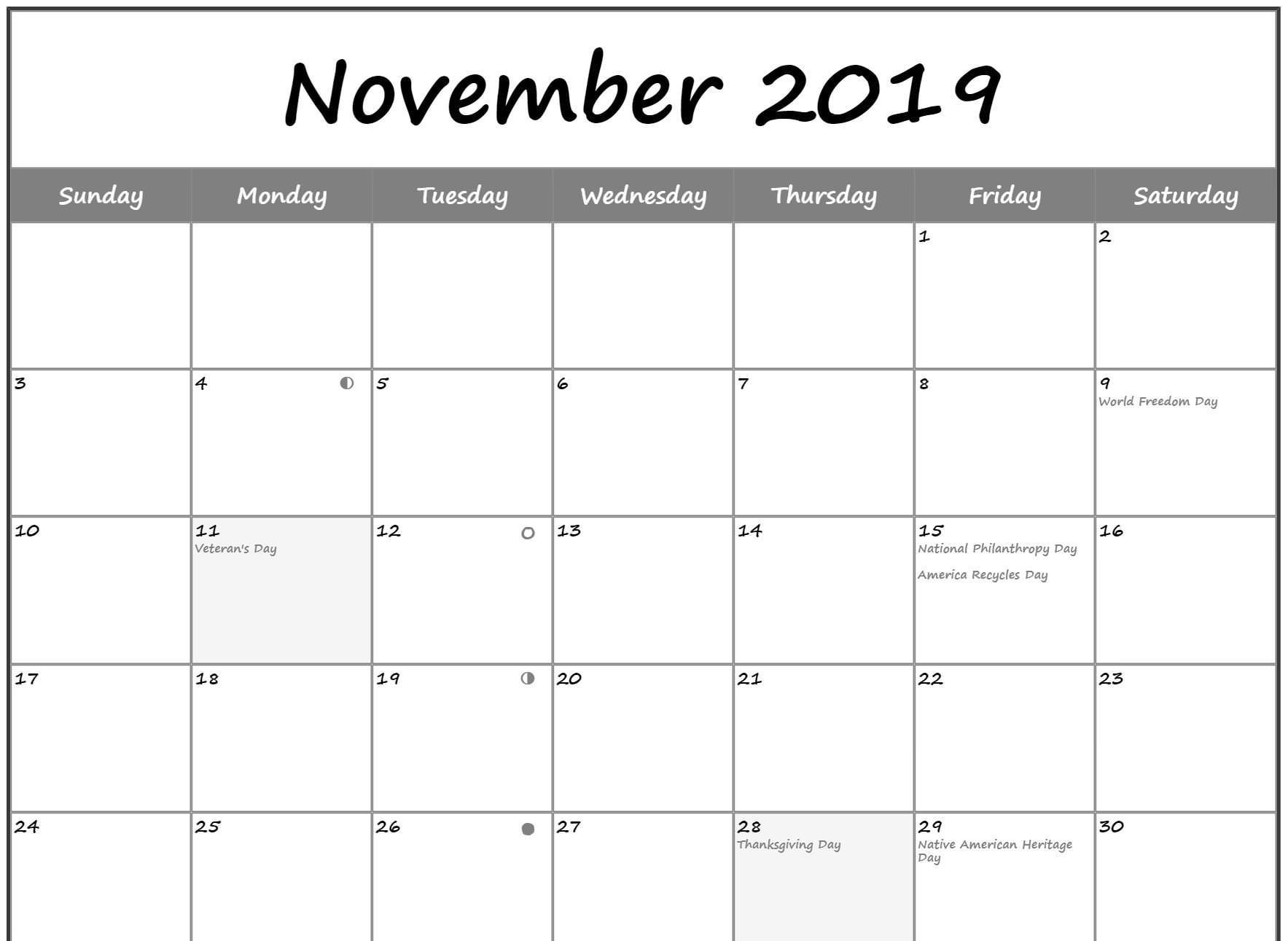 moon phases calendar for november 2019 holidays | moon